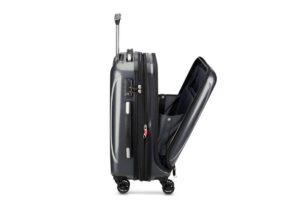 A gray hard-shell suitcase with wheels, partially opened to reveal a spacious interior and multiple compartments.