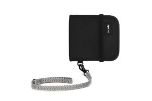 Black wallet with a gray and white patterned strap, featuring a zipper closure and a small pacsafe logo on the side.