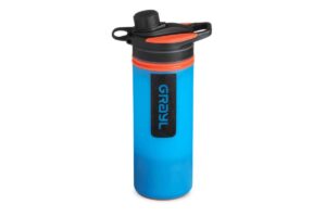 A vibrant blue water bottle with a black lid and orange accents, featuring a logo that reads GRAYL prominently on the side.