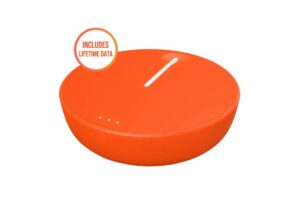 An orange round device with a white line design, featuring an Includes Lifetime Data label and three indicator lights.
