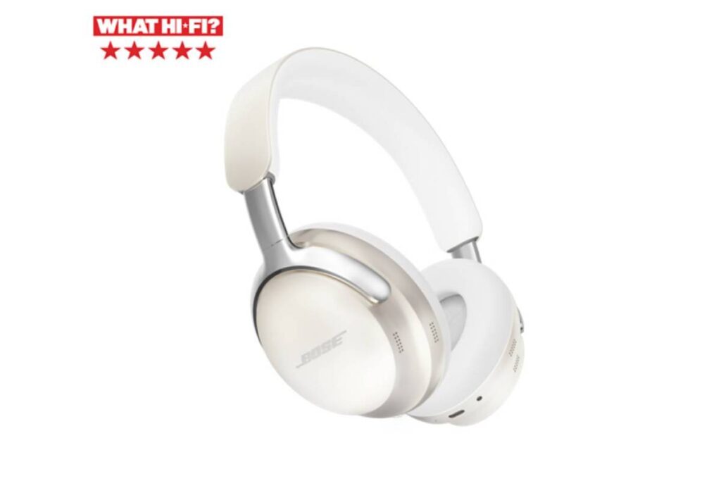 White Bose headphones with silver accents, featuring an ergonomic design and What Hi-Fi? 5 Stars badge displayed.