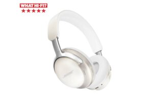 White Bose headphones with silver accents, featuring an ergonomic design and What Hi-Fi? 5 Stars badge displayed.