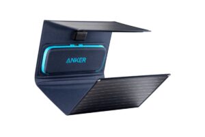 Anker portable solar charger with dual panels and a stylish blue and gray design, ideal for outdoor charging.