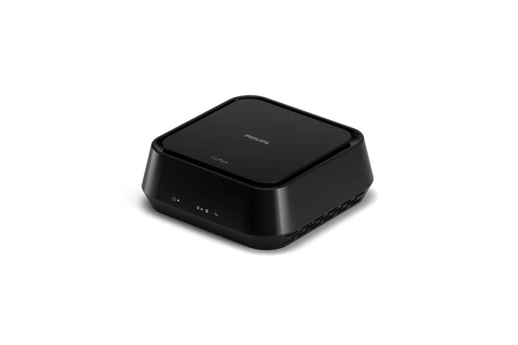 Black Philips air purifier with a sleek design, featuring a square top and control indicators on the front.
