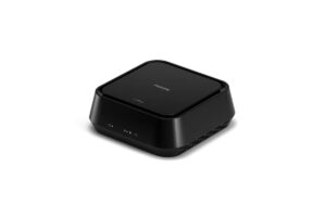 Black Philips air purifier with a sleek design, featuring a square top and control indicators on the front.