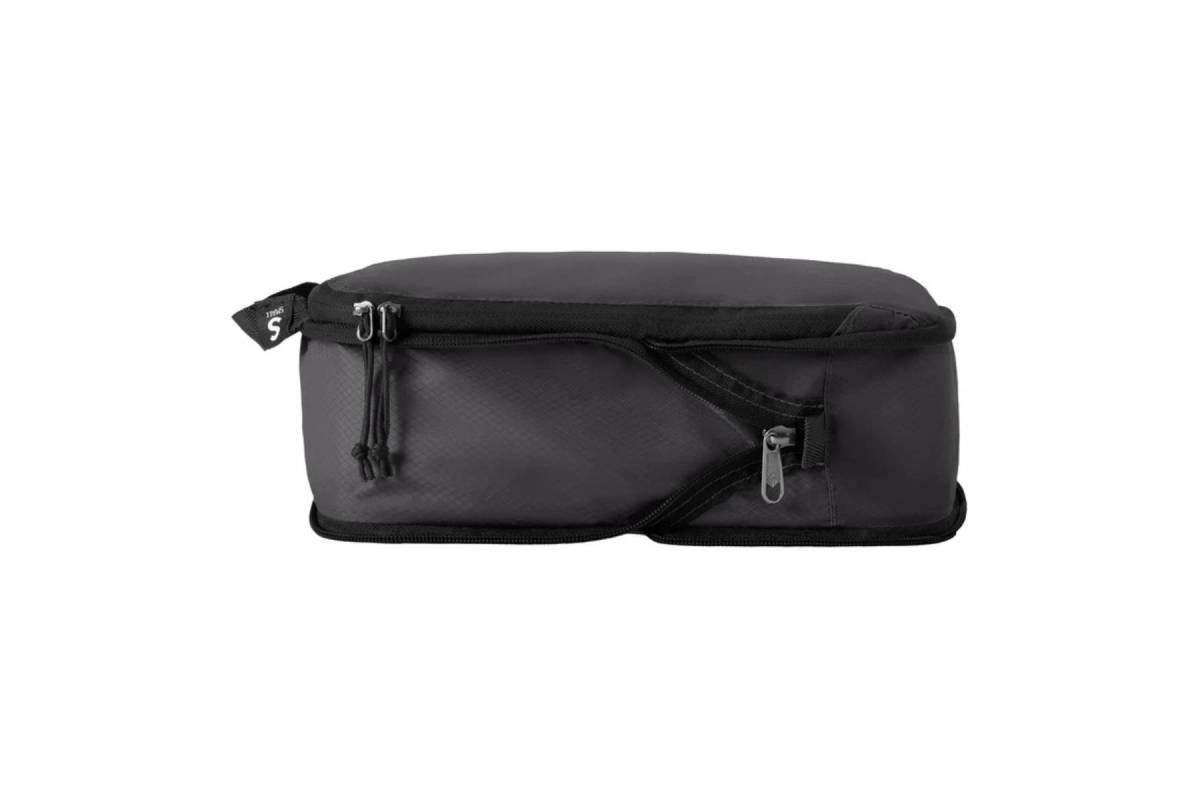 A sleek black packing cube with zippers and a top handle, designed for organized travel and efficient storage.