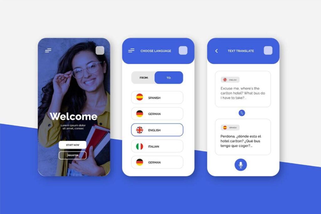 A smartphone interface showing a language translation app with "Welcome" text, language options, and translated messages in English and Spanish.