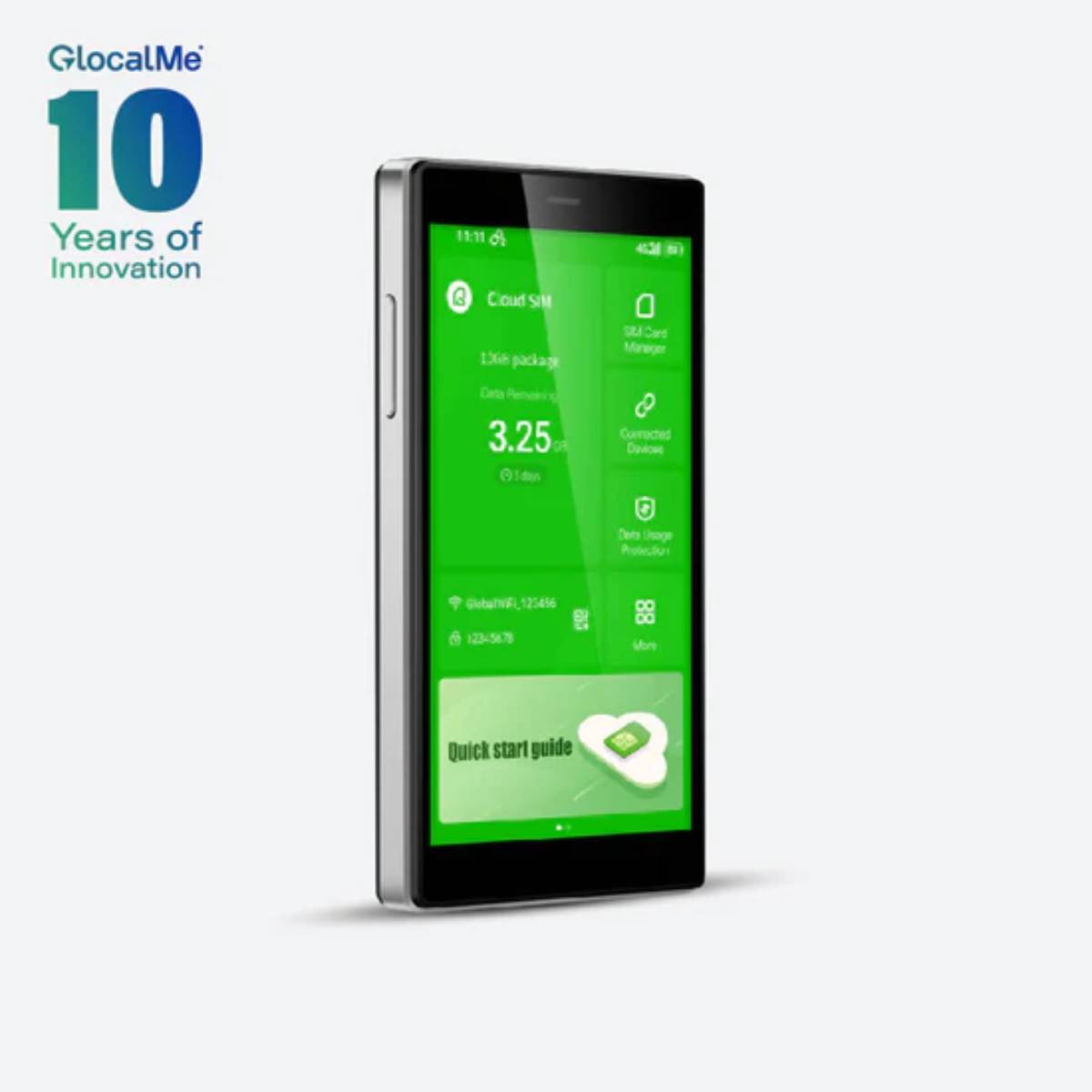 A smartphone displaying a vibrant green interface with data management features, celebrating GlocalMe's 10 years of innovation.
