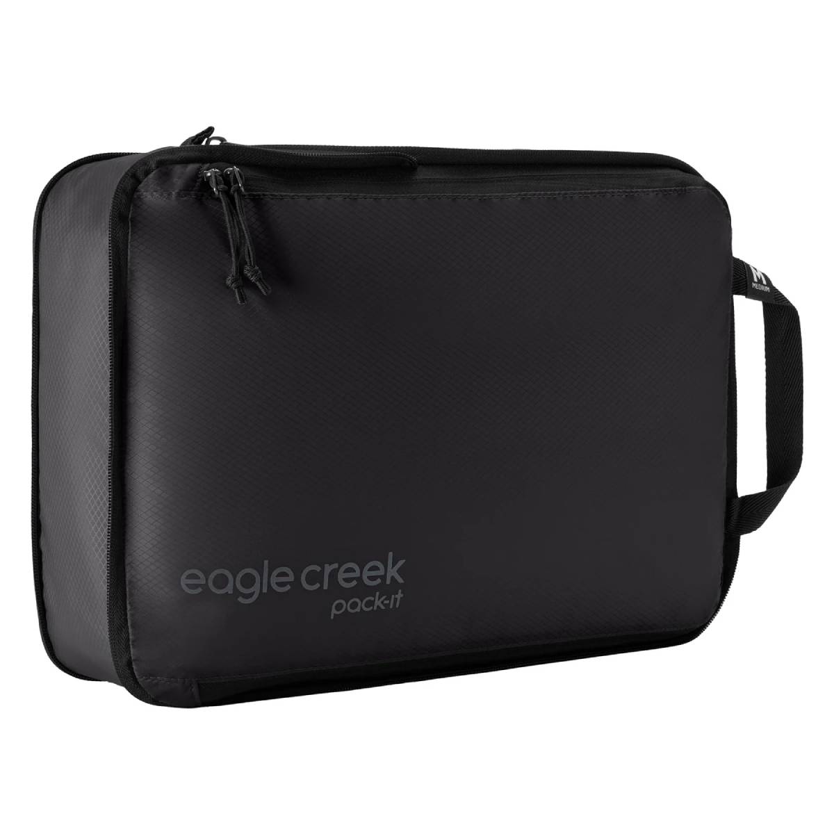 A sleek black Eagle Creek Pack-It bag with a zippered closure and a carrying handle, perfect for travel organization.