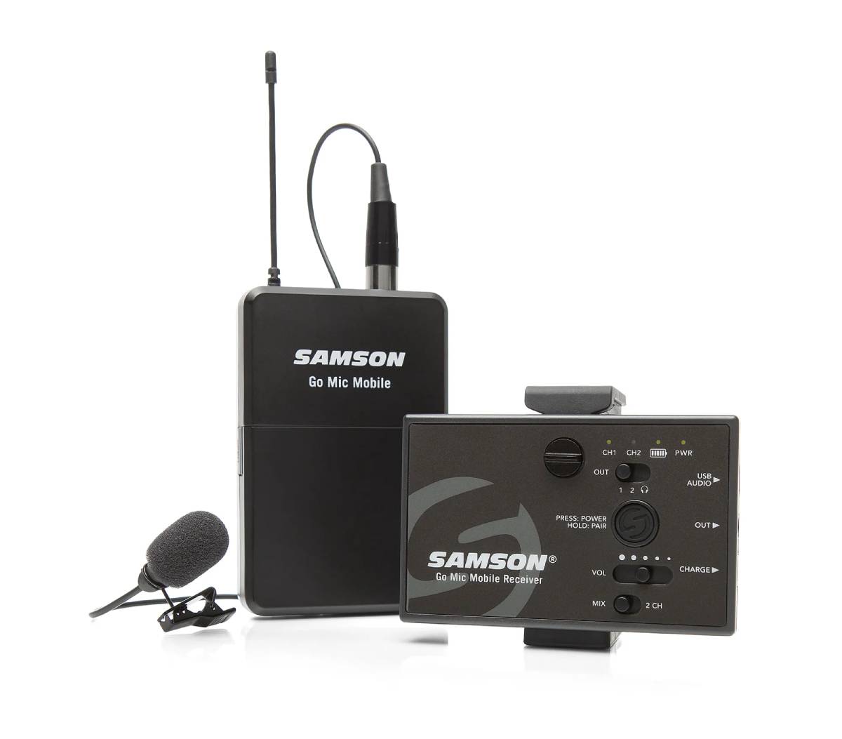  A Samson Go Mic Mobile wireless microphone system with a transmitter, receiver, and clip-on microphone, designed for portable audio capture.