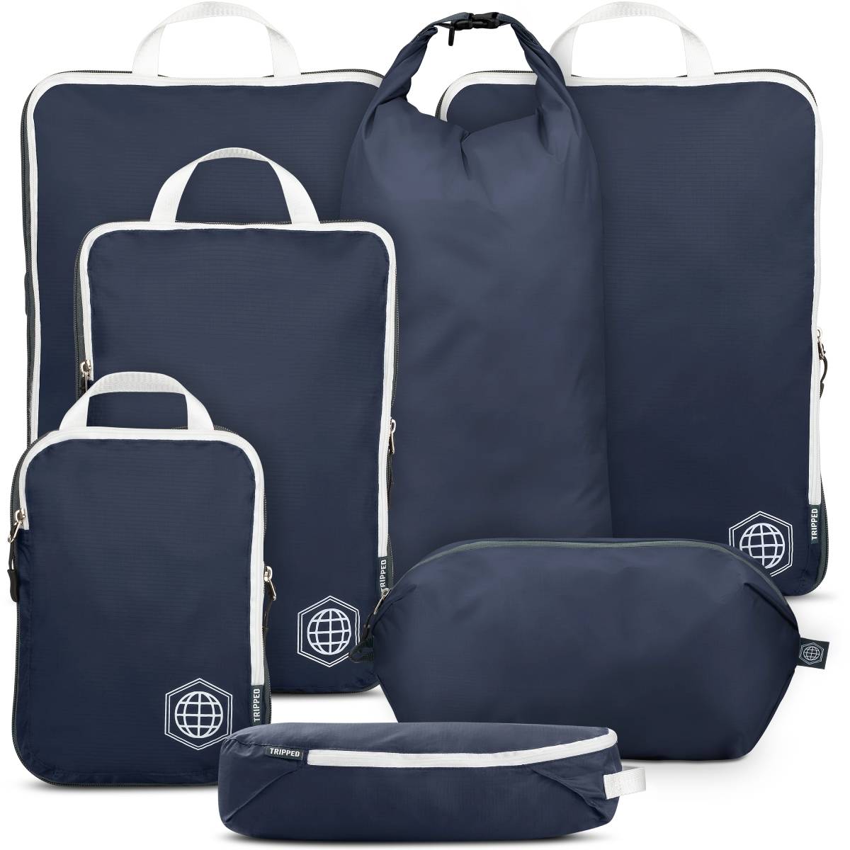 A set of navy travel bags in various sizes, featuring white zippers and handles, arranged together with a globe logo on each. 
