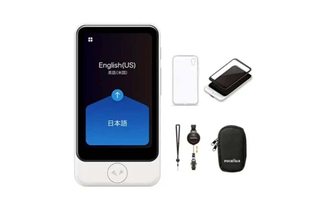 A handheld translation device displays English and Japanese options, surrounded by accessories: cases, lanyards, and a carrying pouch.