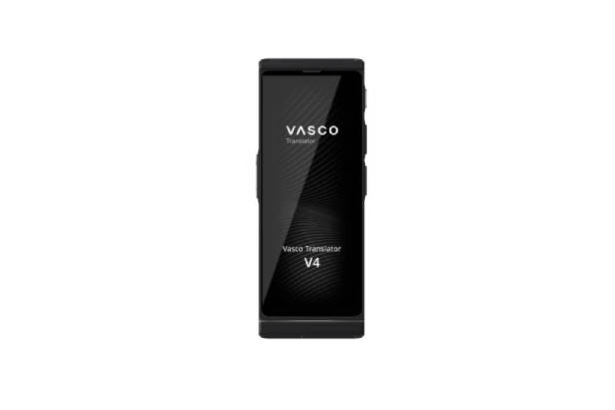  Black Vasco Translator V4 device displaying its logo and name on a sleek screen with a textured background.