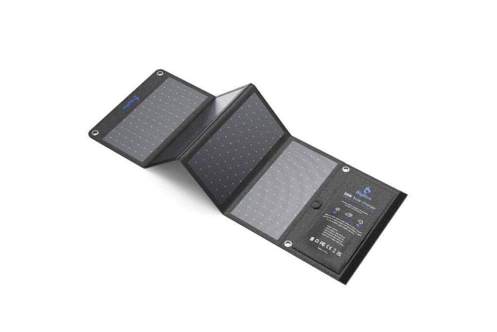 A foldable, black solar charger with multiple panels and branding, designed for portable power generation.