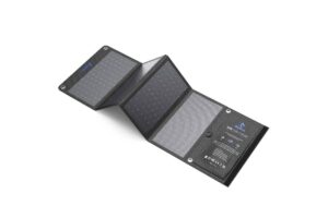 A foldable, black solar charger with multiple panels and branding, designed for portable power generation.