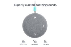 A round gray sound machine with buttons for white, pink, and fan noises, promoting soothing, curated sound experiences.