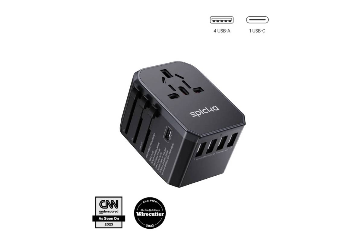 Black multi-port travel charger with 4 USB-A and 1 USB-C ports, featuring international plug compatibility and endorsed by CNN and Wirecutter.