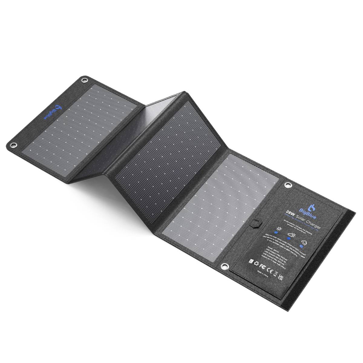 Foldable 28W solar charger with multiple panels, designed for portable charging, featuring microdots for enhanced energy absorption.
