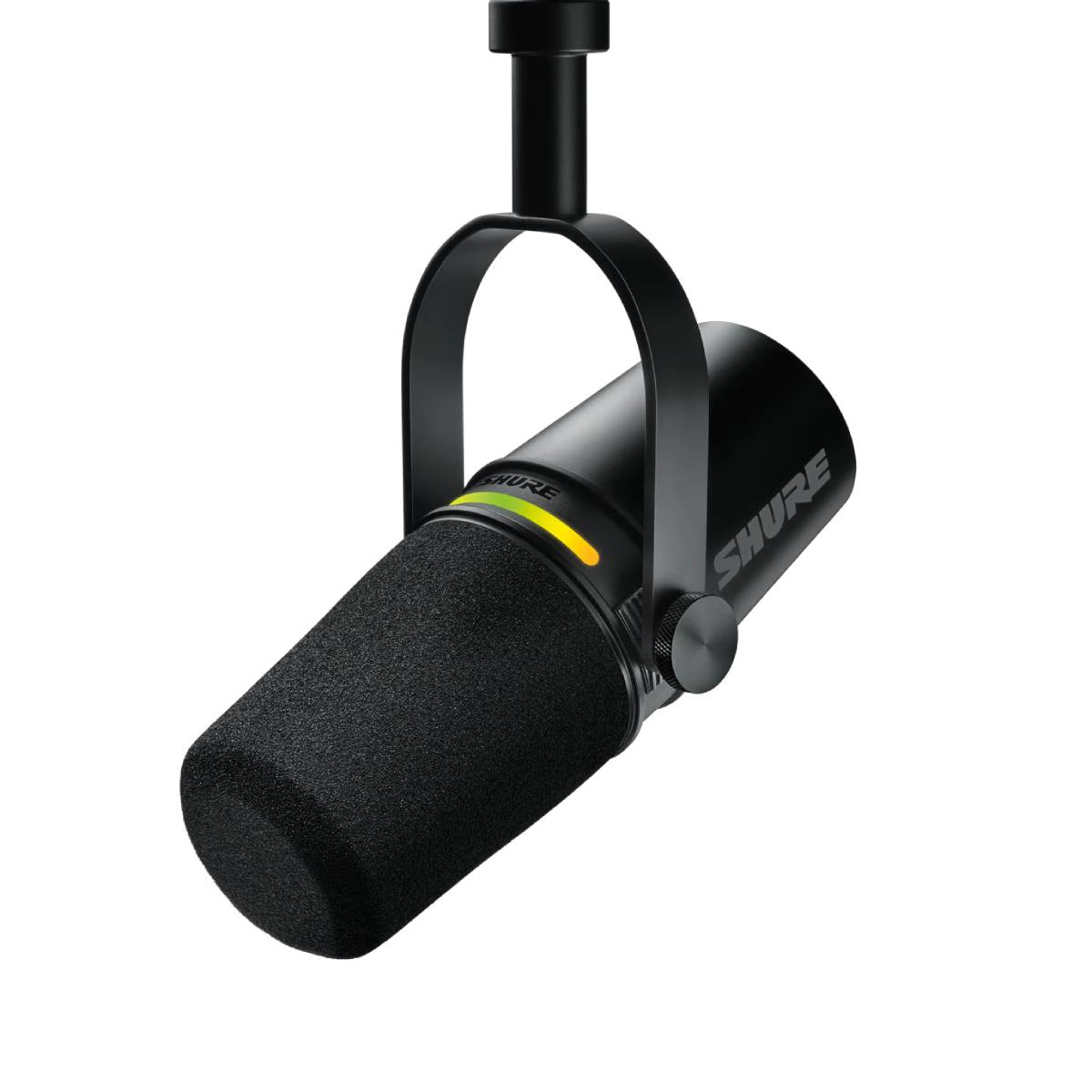 A close-up of a Shure microphone mounted with a black shock mount, featuring a foam windscreen and colored LED indicator. 