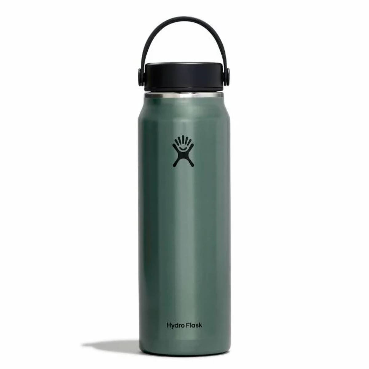 A sleek gray-green Hydro Flask water bottle with a black lid, featuring the brand's logo and a comfortable carrying handle. 