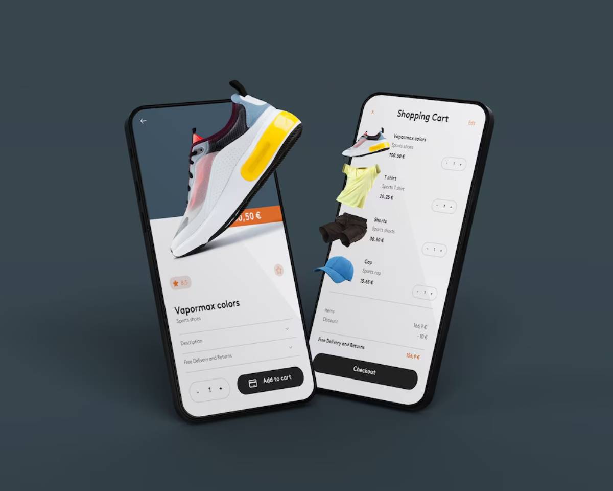 A smartphone displaying a shopping cart with Vapormax shoes, a yellow t-shirt, shorts, and a cap, with a total cost of €158,94. 