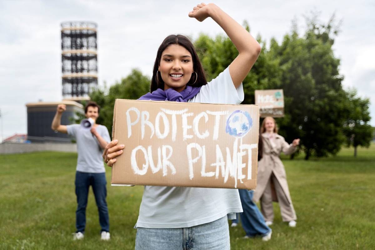 A person holds a cardboard sign reading PROTECT OUR PLANET, rallying for environmental awareness in a grassy area.